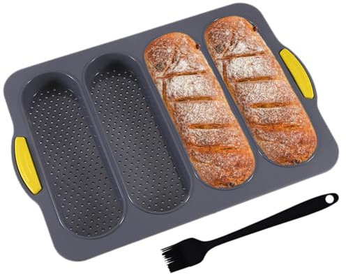 EACHPT Bandeja para Hornear Baguette con Cepillo de Silicona, Molde Antiadherente y Perforado para 4 Barras de Pan Francés