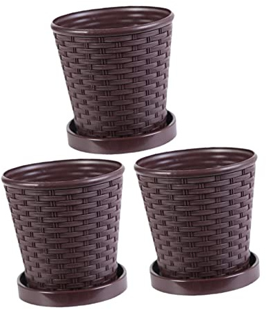 MERRYHAPY Pot De Fleurs Succulentes Plateau Intégré pour Intérieur Et Jardin, Lot De 3 Sets De Jardinières Rondes en Résine Marron, Taille M-31 Drainage, pour Plantes Vertes