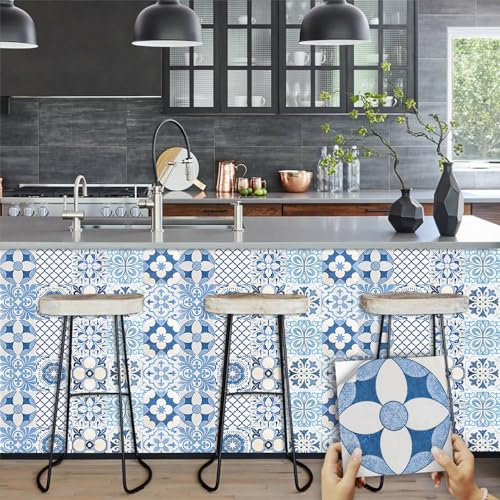 Fliesenaufkleber Blaue Blumen Klebefliesen Küche 3d Wandpaneele Selbstklebend PVC Fliesenaufkleber Bad Wasserdicht Selbstklebende Fliesen Leicht Zu Schrubben Fliesensticker10 PC(10x10cm)