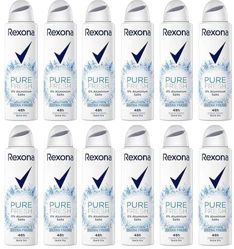 12x Rexona Deospray Pure Fresh Deo ohne Aluminium schützt 48 Stunden, Deo gegen starkes Schwitzen und Körpergeruch mit 48 Stunden Schutz 150 ml (12er Pack)