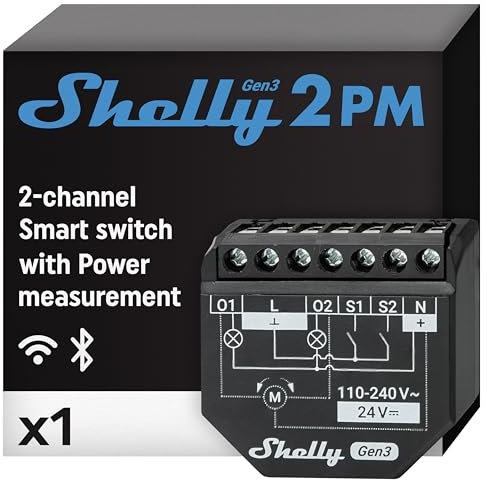 Shelly 2PM Gen3 - WLAN Smart Relais Schalter, Rolladenschalter, Stromzähler, 2 Kanäle, 16A, Lichtschalter, Smart Home, Zeitschaltuhr, Alexa & Google Home, Kein Hub Erforderlich