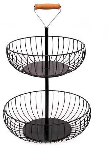 LEEJARD 2-stöckiger Obstkorb aus Synthetic Rattan mit abnehmbarer Obstschale, die auch separat verwendet werden kann (Schwarz, H:45 Dm:29 cm | 2-Stöckiger) (Schwarz)