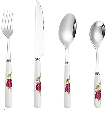 INFYDAY Set di Posate da tavola da 24 Pezzi in Acciaio Inox, Coltello, forchetta, Cucchiaio da caffè, Manico in Ceramica, Set di Posate da tavola con Motivo Vintage