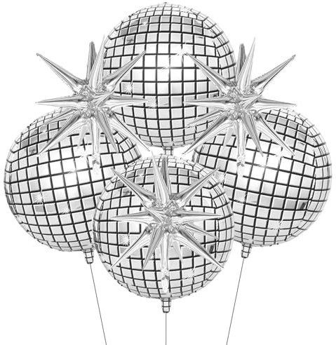 Luftballons Discokugel Silber,7 Stück Discokugel Deko with Explosion Stern Folienballons,Disco Party Luftballons Deko Silber,Disco Ballons für Neujahr Deko,Geburtstag,Karneval,Jahre Disco Deko Party
