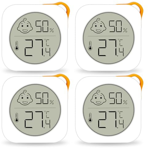 PAIRIER Luftfeuchtigkeitsmesser Thermometer Innen Digital | 4 Stück, Thermo-Hygrometer, Mini LCD, Smiley-Indikator, für Babyzimmer, Büro, Gewächshaus, Weinkeller