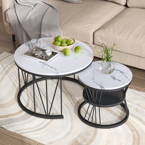 Henunem Couchtisch Rund 2er Set, Marmoriert Couchtisch, Sofa Tisch,Beistelltisch mit Metallrahmen,Moderne Kaffeetische Satztische für Wohnzimmer Schlafzimmer (Schwarz-022)