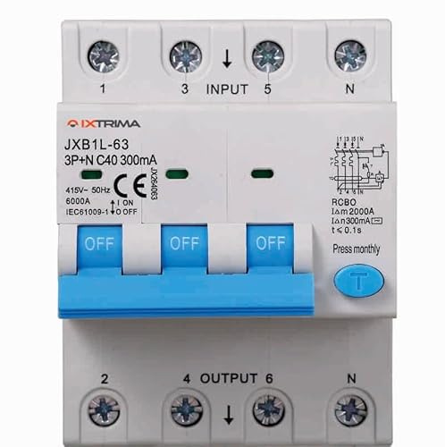IXTRIMA Interruttore Magnetotermico Differenziale 3P+N 40A 300mA 380V-6KA 300mA per Guida DIN - 4 Moduli DIN - Protezione Circuiti e Sicurezza Impianti
