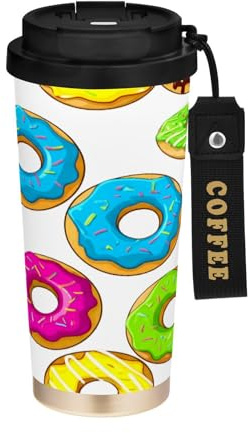 JUMBEAR Taza de viaje con aislamiento al vacío de deliciosas donas de colores, tazas de café reutilizables de viaje, taza de café de acero inoxidable de doble pared a prueba de fugas con tapa para