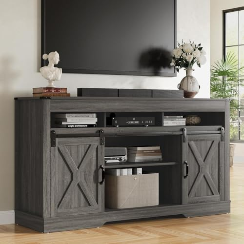 SUNVIVI TV Stand Cabinet for TVs up to 65 Inch, Farmhouse Entertainment Center with Sliding Barn Doors, 147cm Media Console Table with Large Storage & Adjustable Shelves for Living Room (Dark Grey)