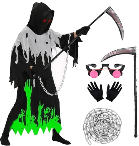 HarnyLoom Déguisement Faucheuse Enfant, Halloween Faucheuse Costume Noir Scream Cape Garçons Faucille Gants Lunettes Halloween Cosplay (150)