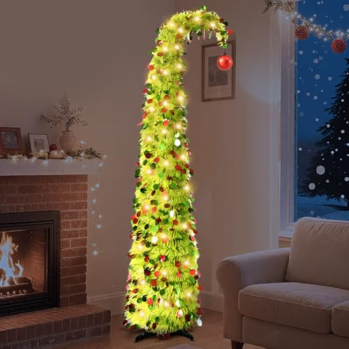 Árbol de Navidad plegable adornado, 150 cm/5 pies, lápiz extensible para árbol de Navidad, plegable, con 50 luces LED, decoración navideña con soporte y reutilizable (verde limón)