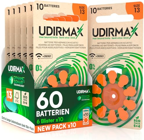 60 Batterien für Hörgeräte PR48 Größe 13 (Orange) Udirmax Zink-Luft 0% Quecksilber 1,45V Batterien mit Dynamischer Sonartechnologie Eco Pack - 6 Eco Blister mit 10 Batterien