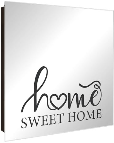 banjado Schlüsselkasten mit Spiegelfront - Schlüsselbox 30cm x 30cm mit 50 Haken - Korpus schwarz Scharnier rechts -Schlüsselkasten modern für Schlüsselaufbewahrung - Motiv Home Sweet Home Schriftzug