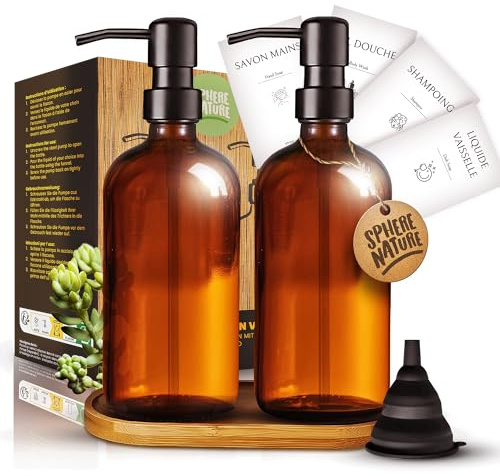 Amber Glass Soap Dispenser Bottles 500ml – Set of 2 | Stainless Steel Pump | Includes Funnel, Wooden Tray & 4 Waterproof Labels | Refillable Bottles for Soap, Lotion, Shampoo (Black)