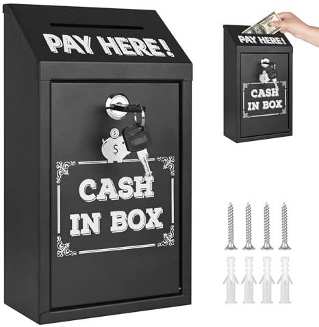 PYserne Geldkassette mit Schlüssel, 14.5×7.5×26 cmMetall Spendenbox Wandmontage Abschließbare Box mit Schrauben Metall Spendensammelbox für Zuhause Büro Außentür Schwarz