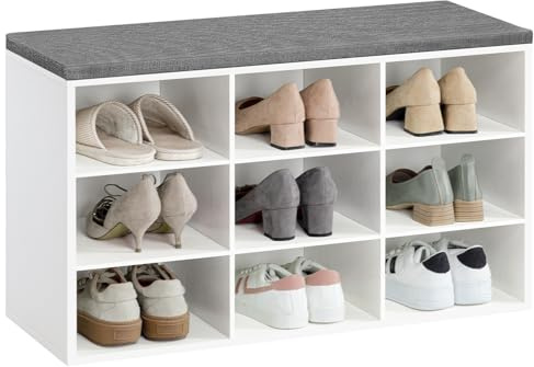 HOOBRO Schuhbank mit 9 Fächern, Schuhregal mit gepolsterter Sitzbank, Schuhschrank, für Flur, Wohnzimmer, Schlafzimmer, Weiß und Greige EWT66HX01