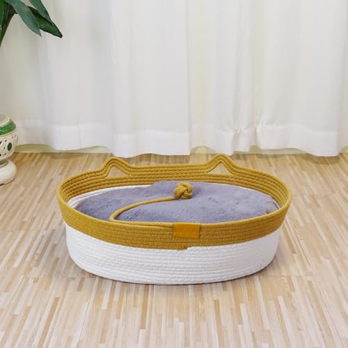 Yaruiguang Natural Rope Cat Basket, Cozy Bed with Plush Cushion for Cats | Breathable cotton rope supports all-season comfort, while the plush cushion gives cats a soft place to curl up and sleep.