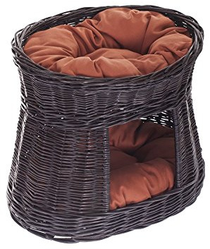 e-wicker24 Alles aus Weide Oval kattkoja i wengegrå, pilkorg, korg för katt med två våningar, kattförvaring med kudde, katttorn