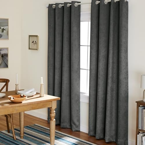 TOWN & COUNTRY EVERYDAY Lustre Solid Heavyweight Textured Sateen Indoor Curtains, Room Darkening Opacity, Grommet Top, Energy Efficient, 2-Pack Set, 52x96, Charcoal
