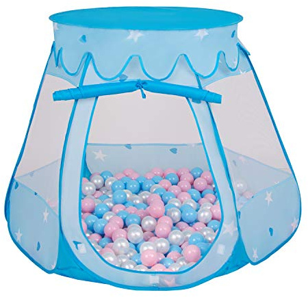 Selonis Lektält, 105 x 90 cm/100 bollar, slott, hus, pop-up, bollhav, plastbollar för barn, blå: babyblå-puderrosa pärla