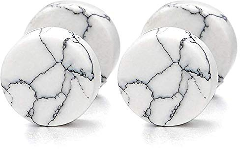 YZstyle 2pcs 10MM Marble Stud Earrings Men Women, Steel Cheater Fake Ear Plugs Gauges Illusion Tunnel (WhiteER0030)