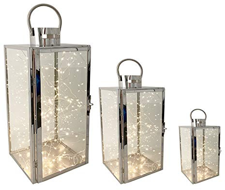 Mojawo Komplett Set XXL Luxus 3er Set Gartenlaternen Set aus Edelstahl Windlicht Laterne Glas 30/40 / 53 cm Silber + 3 x LED Lichterketten