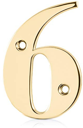 XFORT Polished Brass Front Door Number 6, House Number Suitable for All Door Types including Wooden, uPVC, and Composite.