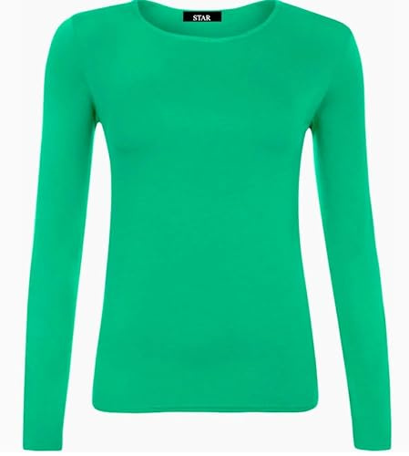 Womens Long Sleeve Round Neck Plain Basic Ladies Stretch T-Shirt Top 8-26 (Jade Green, 8-10)