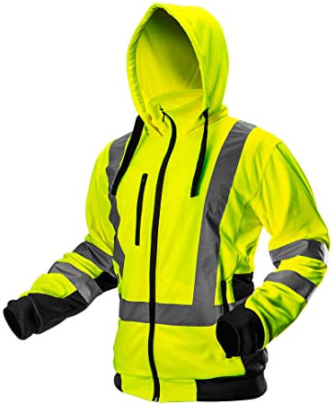 NEO TOOLS Herren Sicherheitsjacke mit reflektierenden Streifen, Warnschutzjacke mit Kapuze, Stehkragen, Innenfutter Fleece, Pulli Berufsjacke Warnjacke Langarm, neon gelb, Gr.M