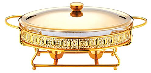 MNSSRN Warmhalteofen für Lebensmittel aus Metall, Behälter zum Erhitzen von Speisen für Hotelrestaurants, Eisenhalterung, Glasplatte, Alkoholtopf,Gold,3.0L