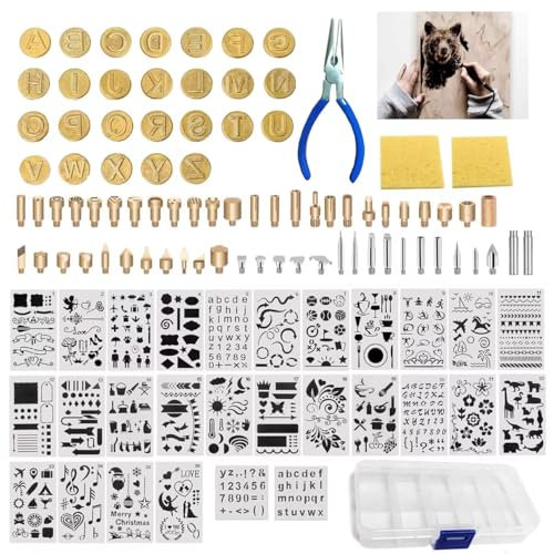 BEZALEL 112Pcs Wood Burning Tips - Pyrography Wood Burning Kit Includes Wood Burning Tips Only Wood Burning Letters Wood Burning Stencils and Patterns for Embossing Carving DIY Adults Crafts Beginners