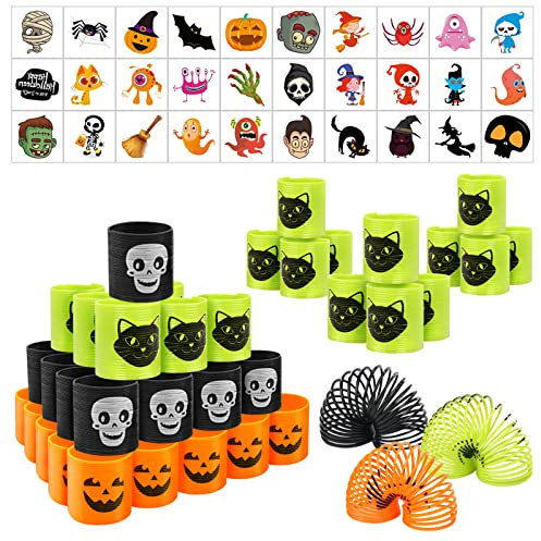 Fennoral 40 Stück Mini Halloween Spiralen Magic Springs - Spinnen Skelett Kürbis- Haloweenparty Mitgebsel Kinderparty Gastgeschenke Lernspielzeug（orange schwarz grün）