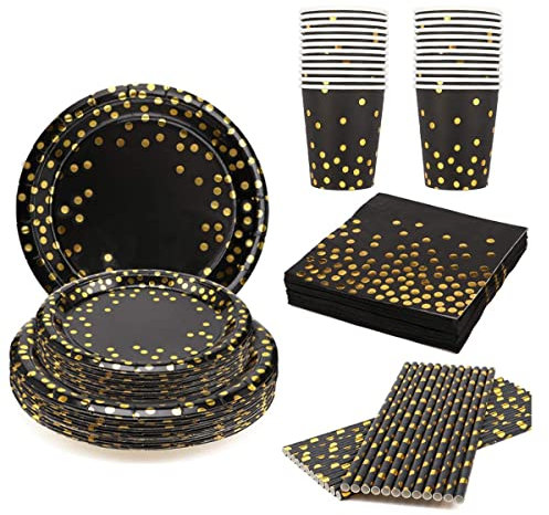 EVYIENEN 125 PCS Assiettes en Carton Noir Or,Set d'Assiettes de Fête Jetables,25 invités Vaisselle Jetable Tasses Serviettes Pailles pour Diverses Fêtes et Anniversaire Mariage Fête (Noir Or)