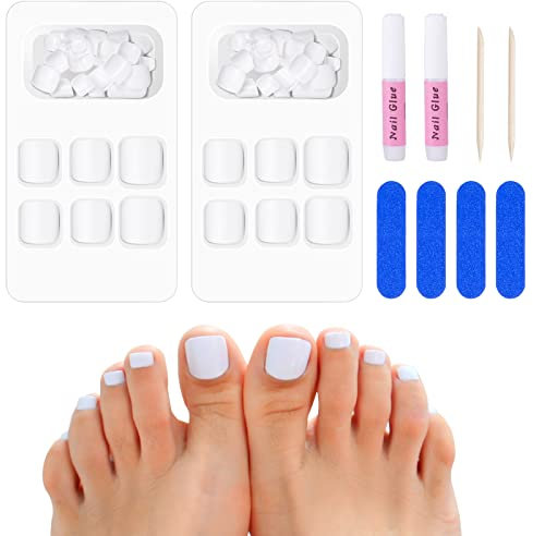 Kiiwah 48 Stück Künstliche Fußnägel zum Aufkleben, Full Cover Acryl Matt Quadratisch Falsche Zehennägel Tips mit Nagelfeilen für Damen Frauen Nagelkunst DIY(Weiß)