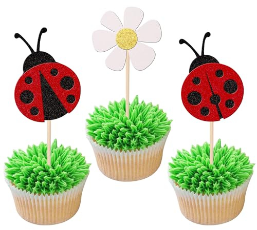 36 Stück Marienkäfer Tortendeko Glitzer Blumen Insekten Cupcake Toppers Ladybug Kuchen Deko für Garten Thema Baby Dusche Kinder Geburtstag Party Kuchen Dekorationen