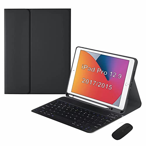 GUPENAA Funda con Teclado para iPad Pro De 12,9 Pulgadas 2017/2015 (Modelo Antiguo, 2ª Y 1ª Generación), Teclado Magnético Desmontable Inalámbrico con Soporte para Lápices Y Ratón Bluetooth,Negro