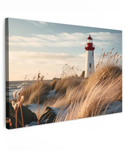 MuchoWow© Bild auf Leinwand Groß XXL Schlafzimmer Bilder Wand Deko | 120x80 cm - Wohnzimmer Modern Wanddeko Bilderwand Geschenk Maritime - Leuchtturm - Gras - Dünen - Meer - Natur - Maritim