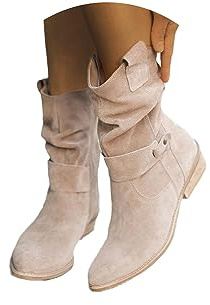 tinbarry Stivaletti Donna in Pelle Scamosciata con Zip Pieghe Stivali Invernali Bassi Retrò Eleganti con Zip Tinta Unita Scarpe