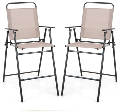 GIANTEX 2er Set Terrassenstuhl, Outdoor-Klappstuhl mit Rückenlehne & Armlehnen & Fußstütze & Metallrahmen, Esszimmerstühle mit atmungsaktivem Stoff, Barstühle für Balkon, Terrasse, Garten, beige