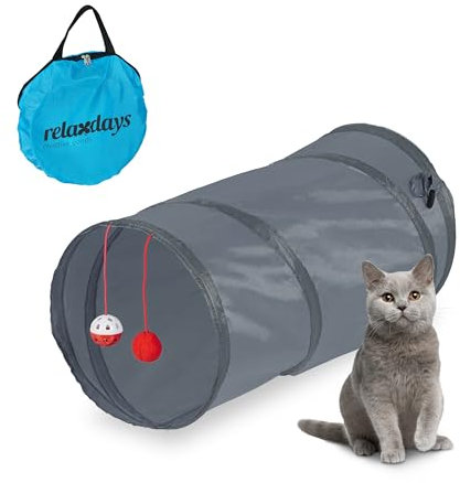 Relaxdays Katzentunnel faltbar, BxD: ca. 50x25 cm, Katzenröhre mit Spielzeug & Tasche, interaktiver Spieltunnel, grau