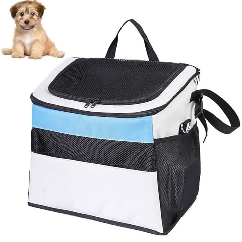 Hundekäfig, Hunde Fahrradkorb, Faltbar, Abnehmbar, Reflektierende Streifen, 2 Seitliche Aufbewahrungstaschen, Haustier-Reisetasche für Kleine Hunde(Color:Blue+White)