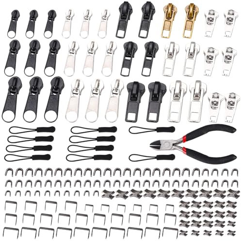 165 Stück Reißverschluss Reparatur Set, Reisverschluss-Fix-Kit, Reisverschlußzipper Set, Reißverschluss Zieher, Ersatz Zipper für Reißverschluss für Reparieren Jacke/Jeans/Tasche (4 Größen: #3/4/5/8)