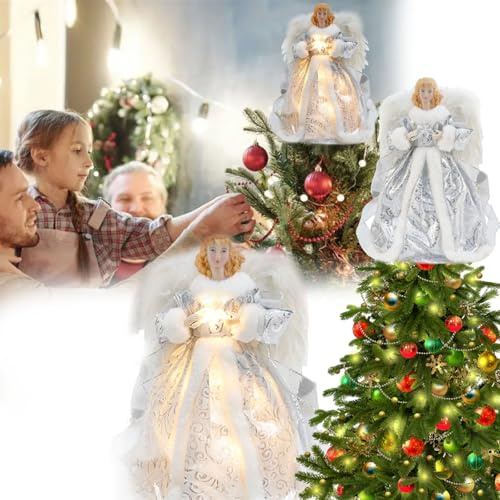 Adorno para árbol Navidad, 32cm árbol Navidad ángel Encaje Adorno para Adorno para árbol Navidad Decoración para árbol Navidad LED ángel Resplandeciente Adorno para árbol Navidad con Luz (C)