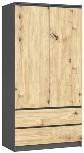 AKORD Zweitüriger Kleiderschrank S 90 cm 2 Schubladen mit Regalen und Einer Kleiderstange für EIN Schlafzimmer Kleiderschränke Minimalistischer Stil 16 mm | Graphitgrau & Eiche Artisan Front