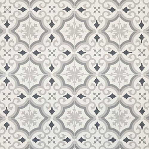 Light Grey Victorian Tile Effect Eclipse Vinyl Flooring 2mm Thick Lino Roll Bathroom Kitchen (4m Wide x 8m Long)