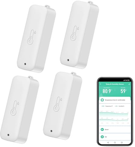 Smart Hygrometer Thermometer: wasserdichtes Feuchtigkeits und Temperatursensor mit App-Alarmbenachrichtigung, Selbstmagnetischer WiFi sensor für den Innen Außenbereich, kompatibel Alexa (4PC,White)