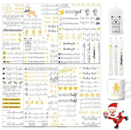 Kerzen Tattoo Weihnachten, 6 Stück A5 Weihnachten Kerzen Tattoo, Aufkleber Xmas KerzensprüChe, Wassertransferdruck Kerzensticker, Folie Kerzentattoo, Diy Kerzensticker, für Kerzen/Keramik(Gold)