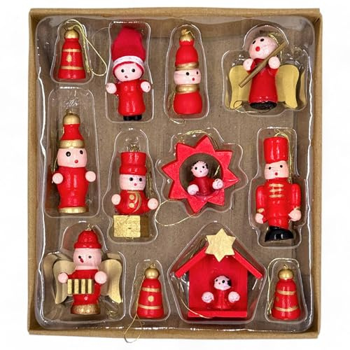 MIJOMA Weihnachtsbaumanhänger aus Holz, handbemalt, Christbaumschmuck, Set mit nostalgischen Motiven, Holzanhänger für Weihnachtsdeko, Verschiedene Designs (12, 2.5-4cm)