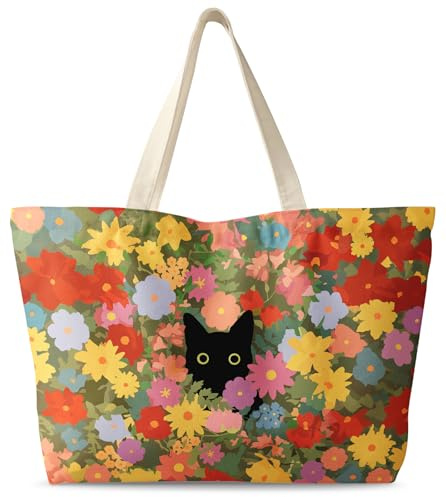 Miss Adola Large Tote Bag for Women - Canvas Tote Bag with Zipper Aesthetic Cat In Flower Cotton Cloth Reusable Big Shoulder Bag for Shopping, Gym, Travel, Work
