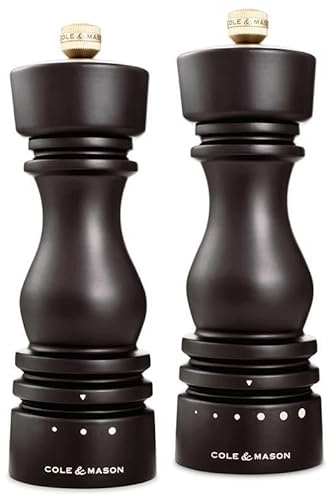 Cole & Mason London Moulin à Poivre et Sel Réglable, Broyeur en Céramique, Mécanisme de précision+, Bois de hêtre chocolat, Réglages de moutures, Moulin à épices rechargeable, Manuel, 18 cm